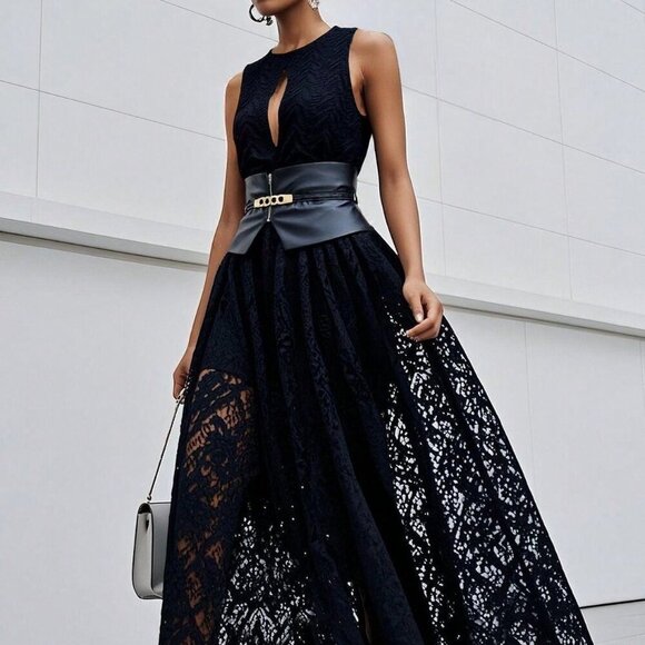 Dresses & Skirts - Black Elegant Women's Sexy Sleeveless Lace Front Cutout Maxi Dress